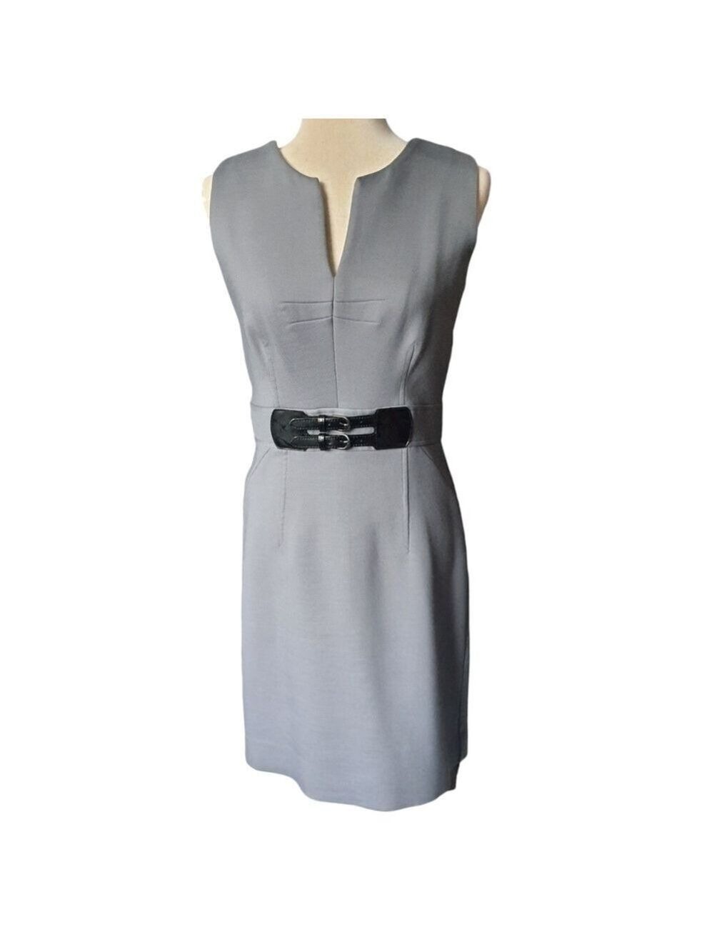 Milly Sheath Dress Womens 8 Gray Sleeveless Patent Black Leather Belt Wool Mix